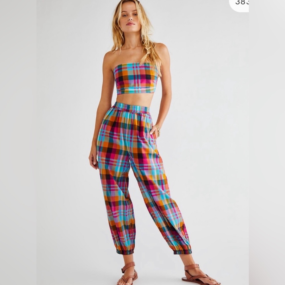 Free People Ticket to Paradise Pink Plaid Set